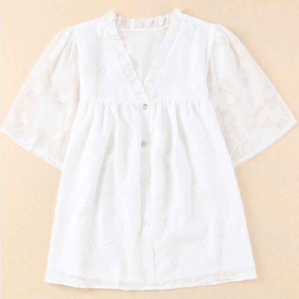 White Floral Textured V-Neck Buttoned Blouse - Picture 2 of 10
